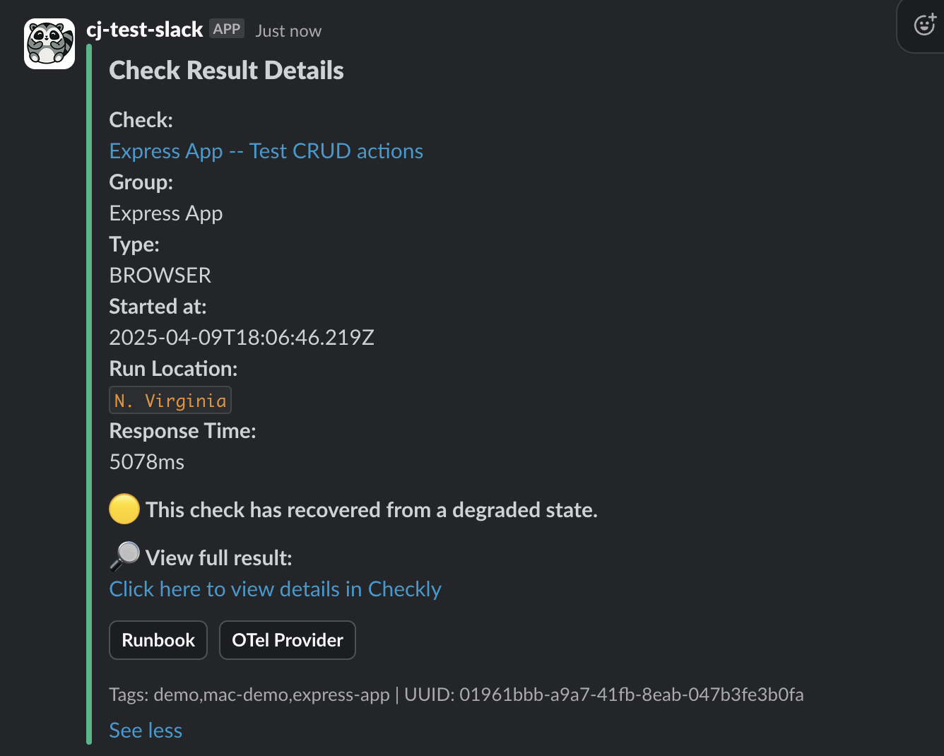 A customized slack message showing a recovered alert from degraded state