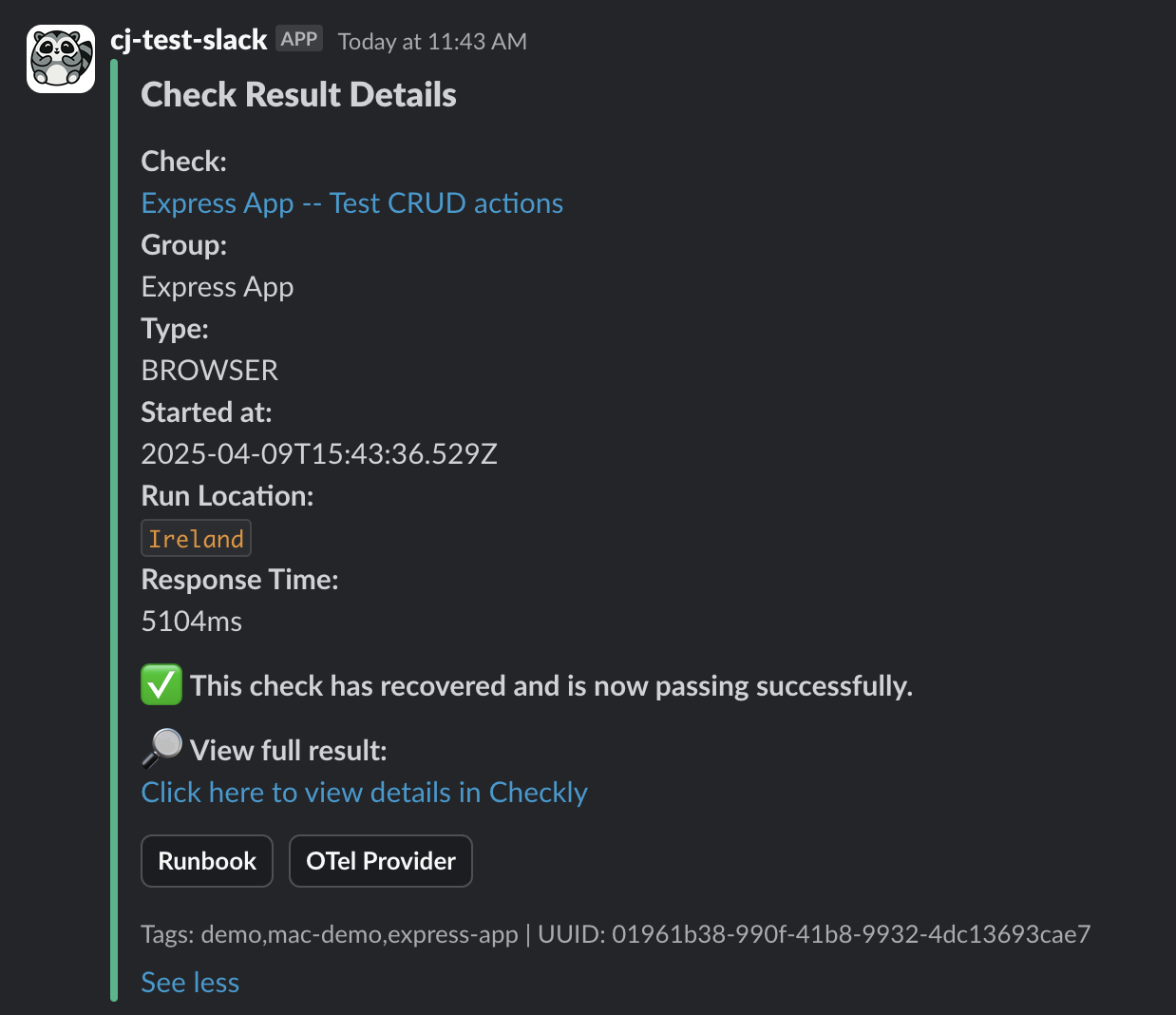 A customized slack message showing a recovered alert
